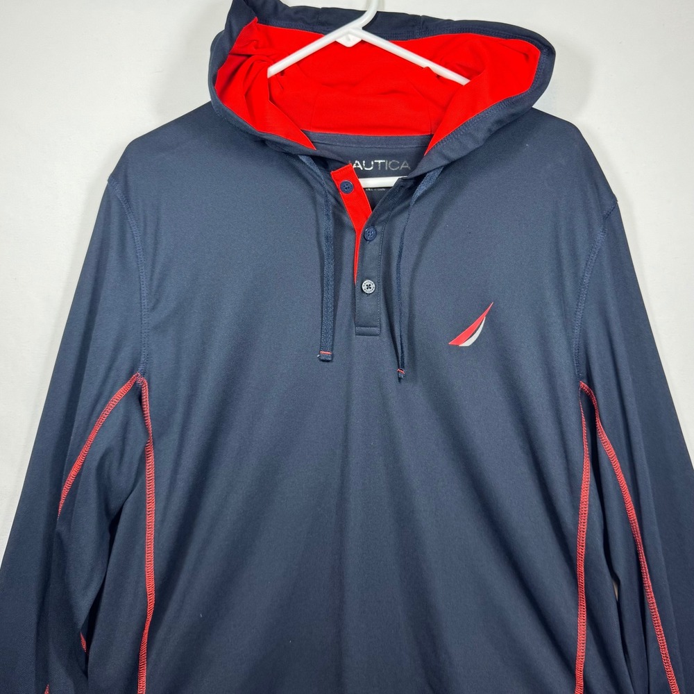Nautica Mens Hoodie Shirt Navy Blue Red Long Sleeve Pullover 1/4‎ Button Sz Med